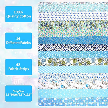 42Pcs Jelly Roll Fabric Strips Soft Cotton Quilting Fabric 2.5 x 20 Inch Pre-Cut Cotton Strips Bundles for Quilting Crafting and Sewing(Blue)