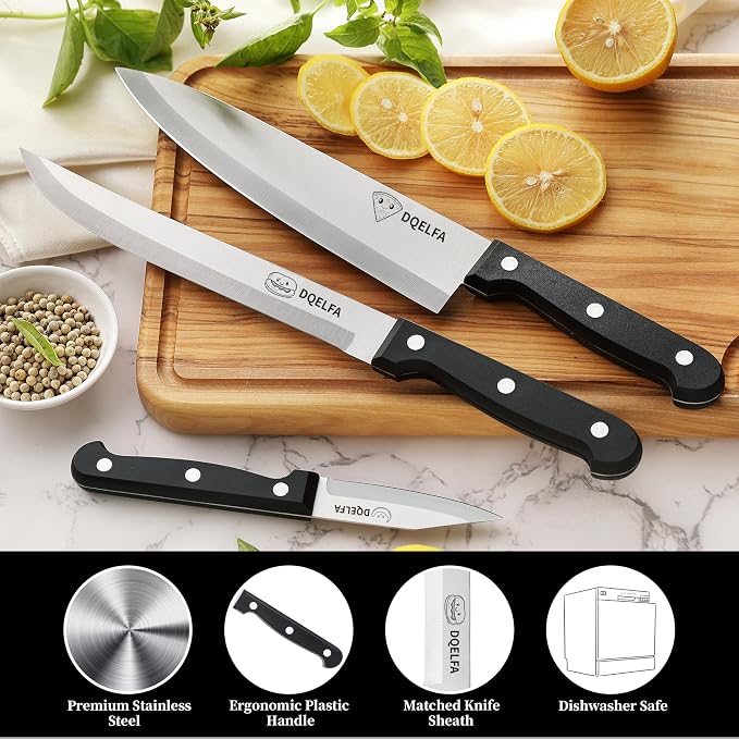 6 Piece Kitchen Knife Set, Stainless Steel Knife Set With Ergonomic Handle, Rustproof, Dishwasher Safe (Black, Fun Food Icons)