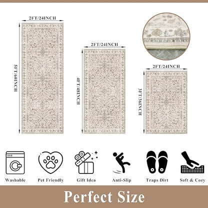 3-Piece Kitchen Rug Set of 3 with Runner – Non-Slip Washable Boho Kitchen Mats for Sink, Floor, Entryway & Hallway & Bathroom – Soft Small Throw Area Rugs, Home Decor (Beige,2x3+2x4+2x5)