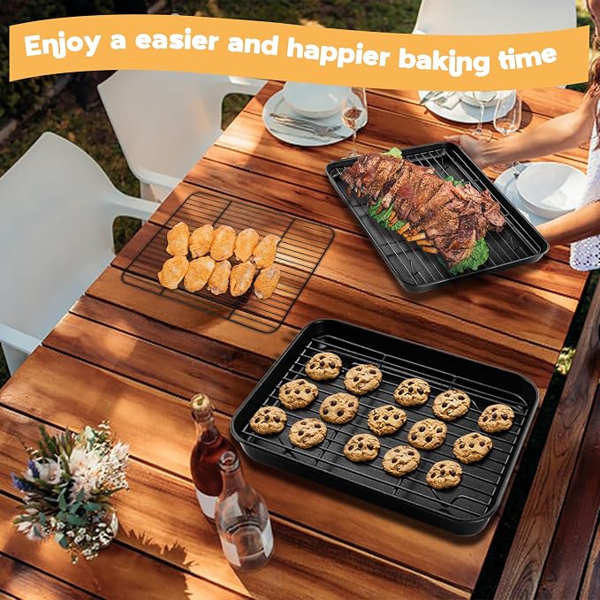 E-far Toaster Oven Baking Sheet with Rack Set, 10.5 x 8 x 1 Inch Cookie Sheet Baking Pans with Cooling Racks, Warp Resistant & Heavy-Duty, Nonstick & Easy Clean (2 Pans + 2 Racks)