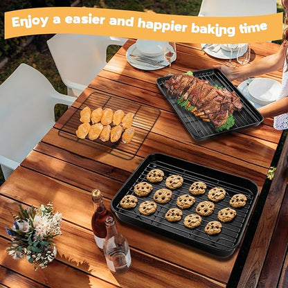 E-far Toaster Oven Baking Sheet with Rack Set, 10.5 x 8 x 1 Inch Cookie Sheet Baking Pans with Cooling Racks, Warp Resistant & Heavy-Duty, Nonstick & Easy Clean (2 Pans + 2 Racks)