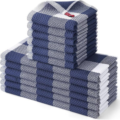 Homaxy Kitchen Towels and Dishcloths Set, 12 x 12 and 13 x 28 Inches, Set of 12 100% Cotton Waffle Weave Check Plaid Kitchen Dish Towels, Super Soft and Absorbent Dish Cloths, White & Navy Blue