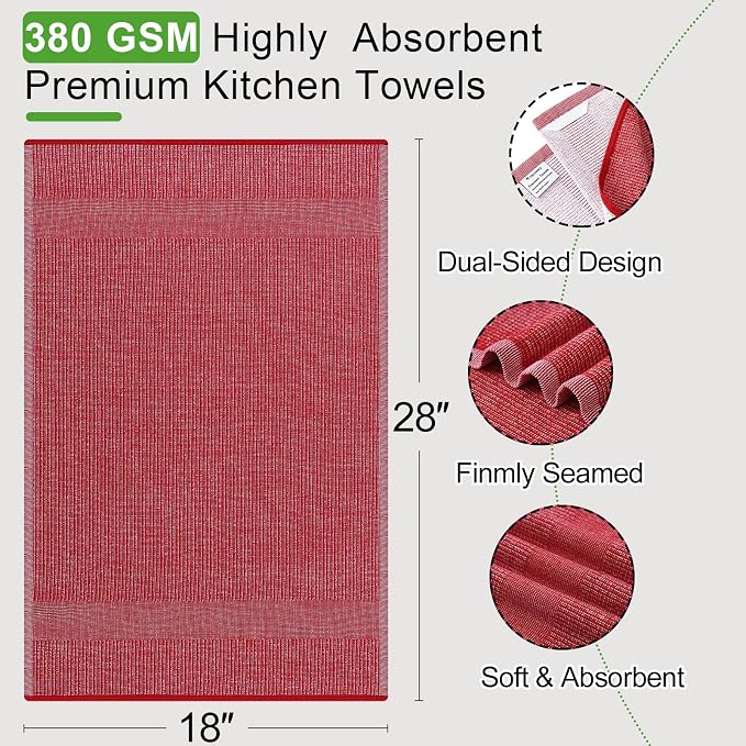 Mordimy Premium Kitchen Towels 8 Pack (18 x 28 Inches, Red), Large Cotton Kitchen Hand Towel, Flat & Terry Dish Towels for Drying Dishes, Super Absorbent Tea Dishtowels Set with Hanging Loop
