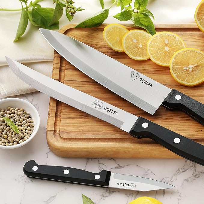 6 Piece Kitchen Knife Set, Stainless Steel Knife Set With Ergonomic Handle, Rustproof, Dishwasher Safe (Black, Fun Food Icons)