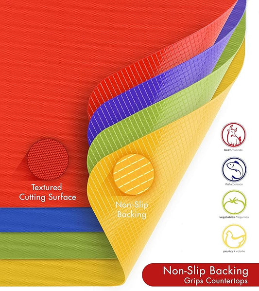 Dexas Heavy Duty Cutting Board Grippmat, Flexible Cutting Boards for Kitchen, Set of 4, Non Slip Plastic Board Cutting Mat Small Size 5.5 x 8, Blue, Green, Yellow, Red Set, Kitchen Gadgets