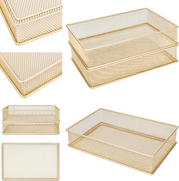 Annova Mesh Stackable Drawer Cabinet and Shelf Organizer Bins Storage Basket School Office Supply Holder Tray- Set of 2 (Gold, 6x9x2 Inch)