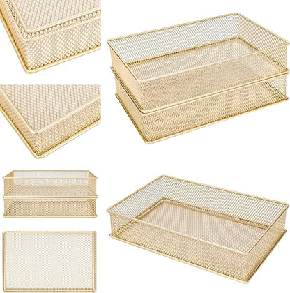 Annova Mesh Stackable Drawer Cabinet and Shelf Organizer Bins Storage Basket School Office Supply Holder Tray- Set of 2 (Gold, 6x9x2 Inch)
