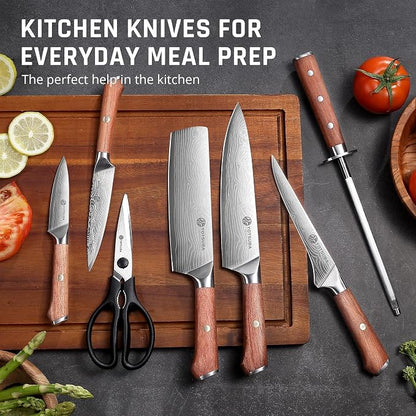 YOTSUBA 8 PCS Japanese Kitchen Knife Set with Block, Professional Ultra Sharp High Carbon Stainless Steel Chef Knives, Ergonomic Natural Rosewood Handle for Kitchen