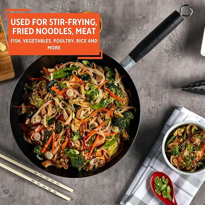 IMUSA Carbon Steel Nonstick Wok 9.5 in Flat Bottom Wok Pan for Electric Stove with Cool Touch Handle, Black Coating, Lightweight Steel Wok for Stir Fry and Fried Rice