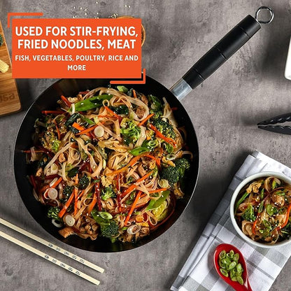IMUSA Carbon Steel Nonstick Wok 9.5 in Flat Bottom Wok Pan for Electric Stove with Cool Touch Handle, Black Coating, Lightweight Steel Wok for Stir Fry and Fried Rice
