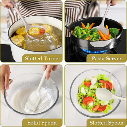 LIANYU 8Pcs Kitchen Utensils Set, Silicone Cooking Utensils Spatula Set for Nonstick Cookware, Include Silicone Spatula, Ladle, Turner, Spoon, Heat Resistant, Dishwasher Safe, Khaki White