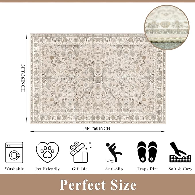 3x5 Kitchen Rug Washable Non-Slip, Modern Boho Indoor Small Area Rugs for Entryway Bedroom Living Room, Soft Low-Pile Thin Doormat (Beige, 3x5