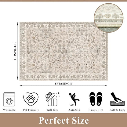 3x5 Kitchen Rug Washable Non-Slip, Modern Boho Indoor Small Area Rugs for Entryway Bedroom Living Room, Soft Low-Pile Thin Doormat (Beige, 3x5