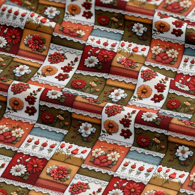 Patchwork Floral Cotton Fabric Panel 61 x 36.6 Inches, Vintage Quilt Style Printed Cotton Sewing Fabric, 140 GSM, Made in Turkey