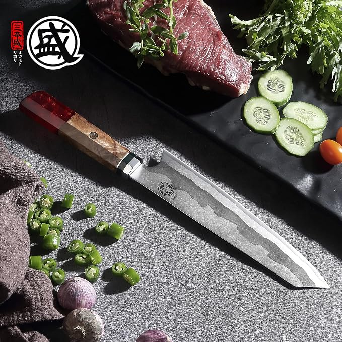 MITSUMOTO SAKARI 8-Inch Kiritsuke Chef Knife, 440C Damascus, Red Handle | Angled tip and long flat edge for meat, fish and vegetables, 440C Damascus, red pomegranate handle, sandalwood box