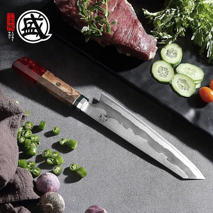 MITSUMOTO SAKARI 8-Inch Kiritsuke Chef Knife, 440C Damascus, Red Handle | Angled tip and long flat edge for meat, fish and vegetables, 440C Damascus, red pomegranate handle, sandalwood box