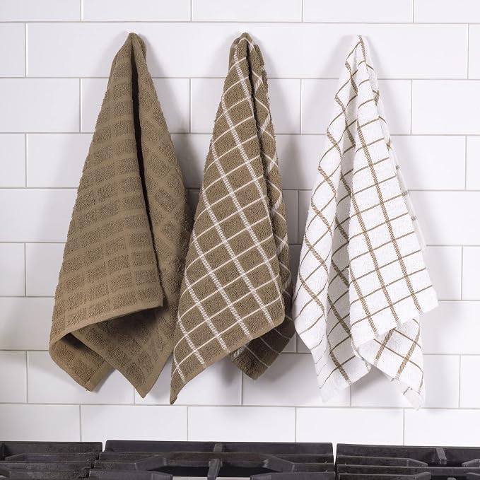 Ritz Premium 100% Cotton Terry Check Kitchen Dish Towels - Highly Absorbent, Super Soft, Long-Lasting, 25"x15", 3-Pack, Mocha