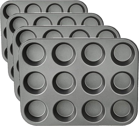 Amazon Basics Nonstick Muffin Pan,Set of 2,Sturdy,Oven Safe,Bakes Evenly,Easy to Clean,12 Cups,Gray,13.9x10.55x1.22,(Pack of 4)