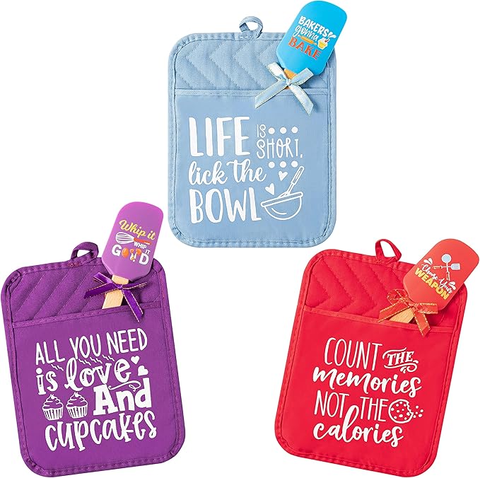 R HORSE 6Pcs Funny Baking Theme Pot Holders Silicone Spatula Gift Set Thank You and Teacher Appreciation Pot Holders Resistant Oven Mitts Baking Cooking Pocket Potholders for End of The Year Teacher