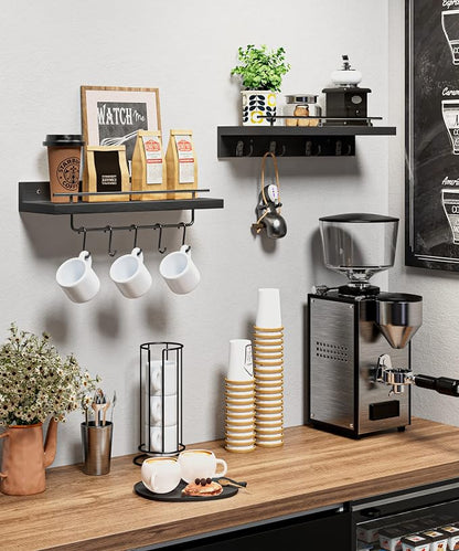 Wood Floating Shelves with Metal Hooks, Wall Mounted Coat Rack with Shelf Set of 2, Bathroom Wall Shelf with Removable Towel Bar, Hanging Shelves with 9 Hooks for Kitchen Entryway Coffee Bar, Black