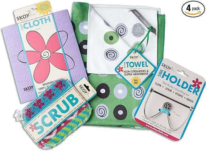 Skoy Cleaning Bundle - Cloth, Scrub, Green Towel and Sink Holder – Environmentally Friendly, Kitchen & Household Use, Plastic-Free Packaging, Great Gift Idea!