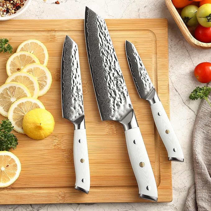 Wakoli Pearl Blanche Damascus Kitchen Knife Set, 3-Piece Professional Chef Knife Set | 67-Layer Damascus Steel with VG10 Core | White G10 Handles | Gift Box