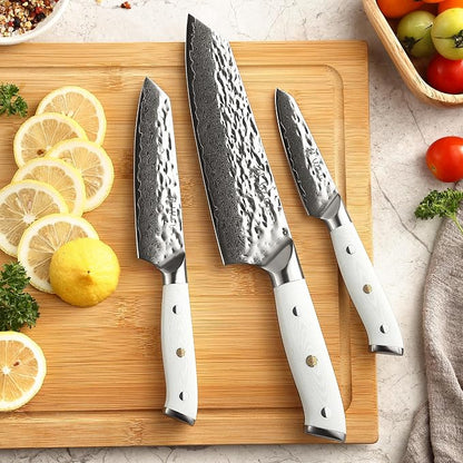 Wakoli Pearl Blanche Damascus Kitchen Knife Set, 3-Piece Professional Chef Knife Set | 67-Layer Damascus Steel with VG10 Core | White G10 Handles | Gift Box