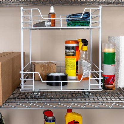 Household Essentials White Steel Two-Tier Pantry Organizer with Clean Lined Plastic Accents