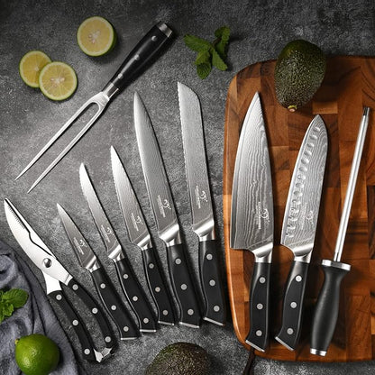NANFANG BROTHERS 18-Piece Damascus Kitchen Knife Sets, 67-layer Japanese Damascus Steel Heat-Treated and Forged, ABS Ergonomic Handle, Ultra Sharp Chef Knife Block Set with Sharpener