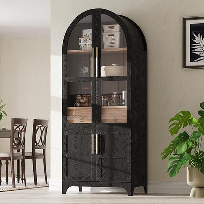 VilroCaz 71" Tall Arched Kitchen Pantry with Glass Doors and a Large Drawer, Farmhouse Kitchen Storage Cabinet with Open & Adjustable Shelves, Cupboard for Dining Room (Black-6.4)