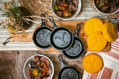 Lodge Pre-Seasoned Yellowstone Stamped Cast Iron Cookware - Signature Teardrop Handle - Use in the Oven, on the Stove, on the Grill, or Over a Campfire - Power Y 5 Inch Skillet