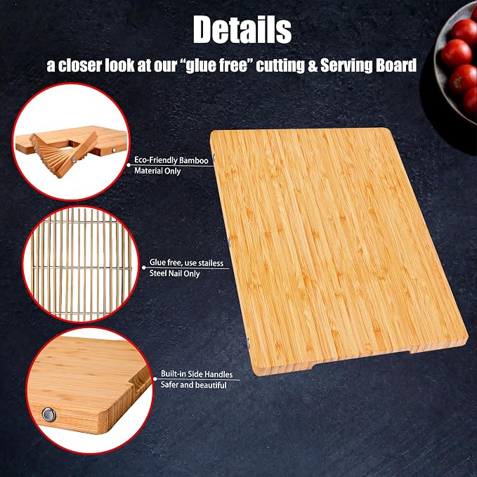XL Bamboo Cutting Board with Handle – Extra Large Wood Chopping Board for Meat, Cheese, Serving – TRULY Glue-Free, Pre-Oiled Kitchen Boards 21.7"X14"/ 55x36cm - Dishwasher Safe [New 2026 Upgrade]