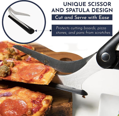 Pizza Scissors - Non-Stick Pizza Scissors with Firm Grip Base - Food Grade Stainless Steel Pizza Cutter - 5-in-1 Food Slicer & Pizza Server - Durable, Safe & Mess Free