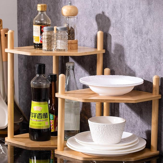 3-Tier Expandable Bamboo Corner Shelf - Dish/Plate Organizer for Cabinet, Kitchen Counter Shelf & Small Kitchen Shelf, Adjustable (11.4" H-Natural, 2-Tier)