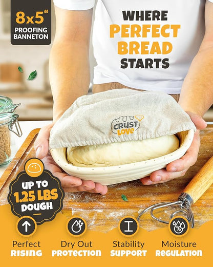 CRUSTLOVE Loaf Pan for Bread Baking - incl. Sourdough Bread-Baking Supplies like Banneton Bread-Proofing Basket - 2QT Enameled Oval Cast Iron Dutch Oven, Bread-Oven, Sour Dough Bread-Banking-Pan Tools