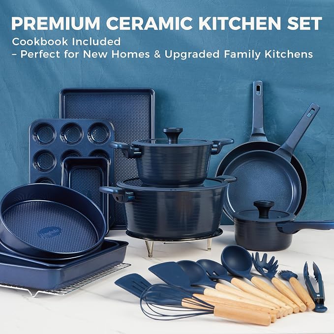 HONGBAKE Pots and Pans Set Nonstick, 26 Pcs All-in-One Kitchen Starter Set with Cookware, Bakeware & Silicone Utensils, Non Toxic Ceramic Coating, Induction & Oven Safe, PFOA PFOS Free, Blue