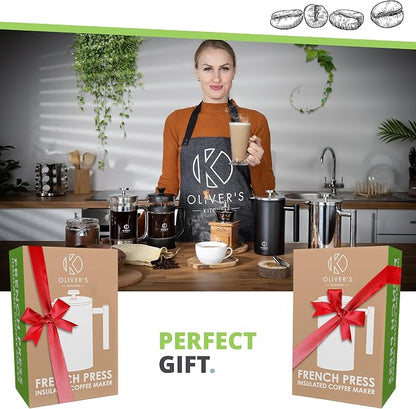 Oliver's Kitchen ® Premium French Press Cafetiere Coffee Maker - Thermal Insulated Double Wall - Stainless Steel 1 Liter