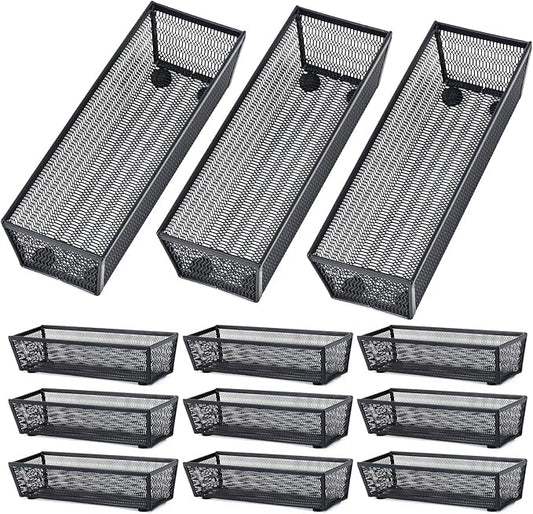 Neudeco Silverware Organizer, Black, 9 x 3 x 2 inch, Pack of 12 | Mesh Drawer Organizer, Metal Construction, For Kitchen Utensils & Flatware, Multi-Purpose Use