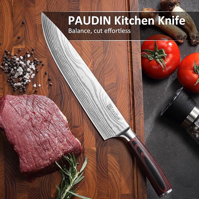 PAUDIN Chef Knife, 10 Inch Meat Knife, Ultra Sharp Brisket Slicing Knives, High Carbon Stainless Steel Kitchen Knife with Ergonomic Handle for BBQ, Roast, Meats and Vegetables