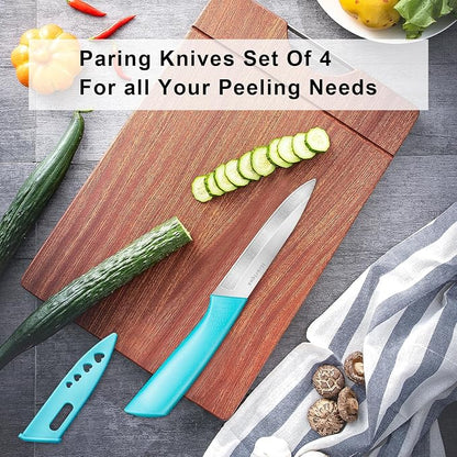 Paring Knife Set of 4, Paring Knives With Cover, 4 inch Small Fruit Knife, Ultra Sharp Kitchen Knives，High Carbon Stainless Steel PP Plastic Handle