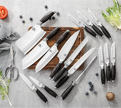 WILDMOK Kichen Knife Block Set, 17-piece Knife Set with Wooden Block German Steel Kitchen Knives Sets with Bone Chopper, Gift Box