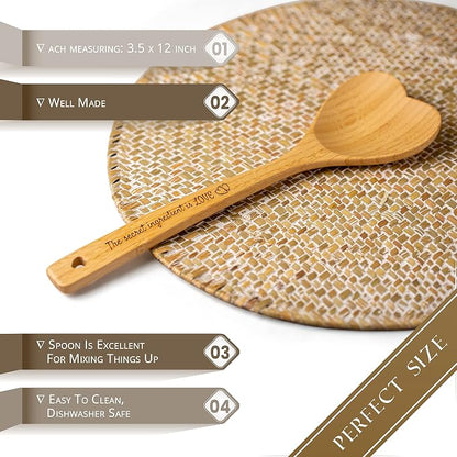 Gorgeous Heart shaped Bamboo Wooden Spoon with an engraved handle and heart-shaped base hole for hanging - 'The secret ingredient is Love' | The perfect addition to a kitchen filled with love and joy!