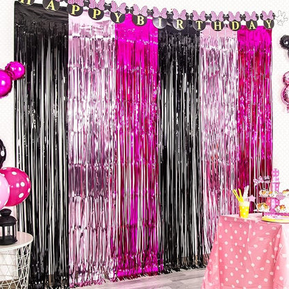 LOLStar 5 Pack Cartoon Mouse Birthday Party Supplies,3.3x6.6 ft Black Pink Fuchsia Tinsel Foil Fringe Curtains,Cartoon Mouse Photo Booth Prop Streamer Backdrop,Party Decoration for Girls Babies