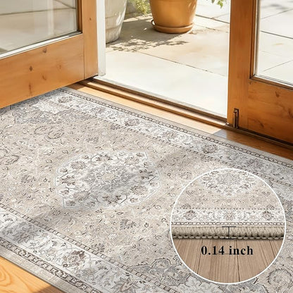 Hallway Washable Runner Rug - 3x20 Kitchen Rugs Entryway Rug Long Runner Vintage Soft Floor Mat Non Slip Indoor Farmhouse Carpet for Bathroom Living Room Bedroom (3 X 20, Beige)