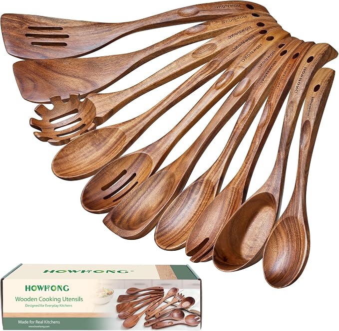 HOWHONG Wooden Cooking Utensils Set, Acacia Wood Wooden Spoons for Cooking with Thumb Rest, Ergonomic Curved Handle, Smooth Finish, Nonstick Safe, Gift Ready