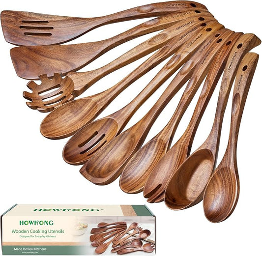 HOWHONG Wooden Cooking Utensils Set, Acacia Wood Wooden Spoons for Cooking with Thumb Rest, Ergonomic Curved Handle, Smooth Finish, Nonstick Safe, Gift Ready