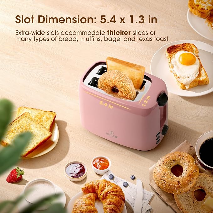 iSiLER 2 Slice Toaster, 1.3 Inches Wide Slot Bagel Toaster with 7 Shade Settings and Double Side Baking, Removable Crumb Tray, Defrost Cancel Function Pink | 1.3in Extra Wide Slots, 750W Even Double-Side Toasting, Defrost Reheat Cancel Modes, Removable...