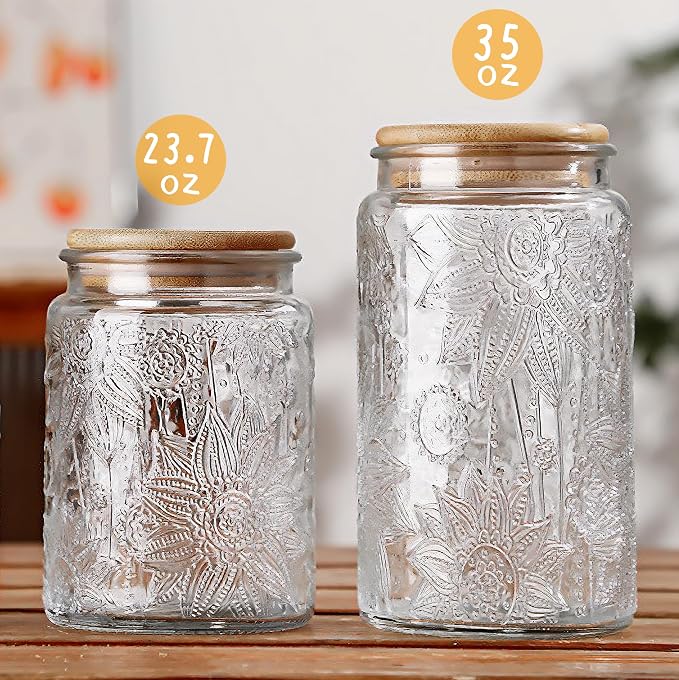 Custde Glass Storage Jars with Airtight Bamboo Lid, 35 FL oz - Decorative Food Canisters for Kitchen Counter, Ideal for Sugar, Coffee, Tea, Candy, Cookies (35oz Large Sunflower)