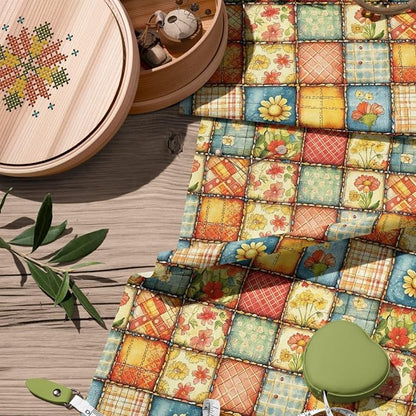 Sunny Garden Patchwork Cotton Fabric Panel 61 x 36.6 Inches, Floral Rustic Quilt Print, Multicolor Yellow Blue Red Tones, 100% Cotton 140 GSM