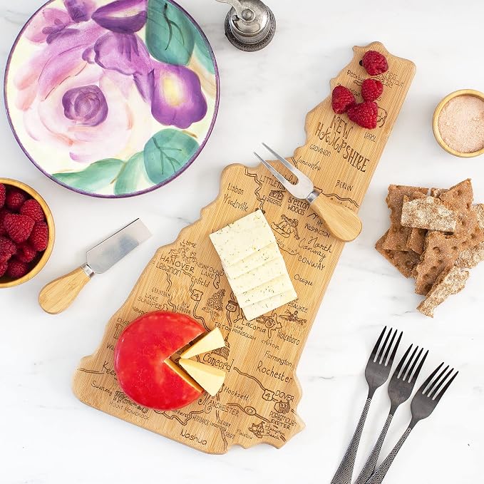 Totally Bamboo Destination New Hampshire State Shaped Serving and Cutting Board, Includes Hang Tie for Wall Display